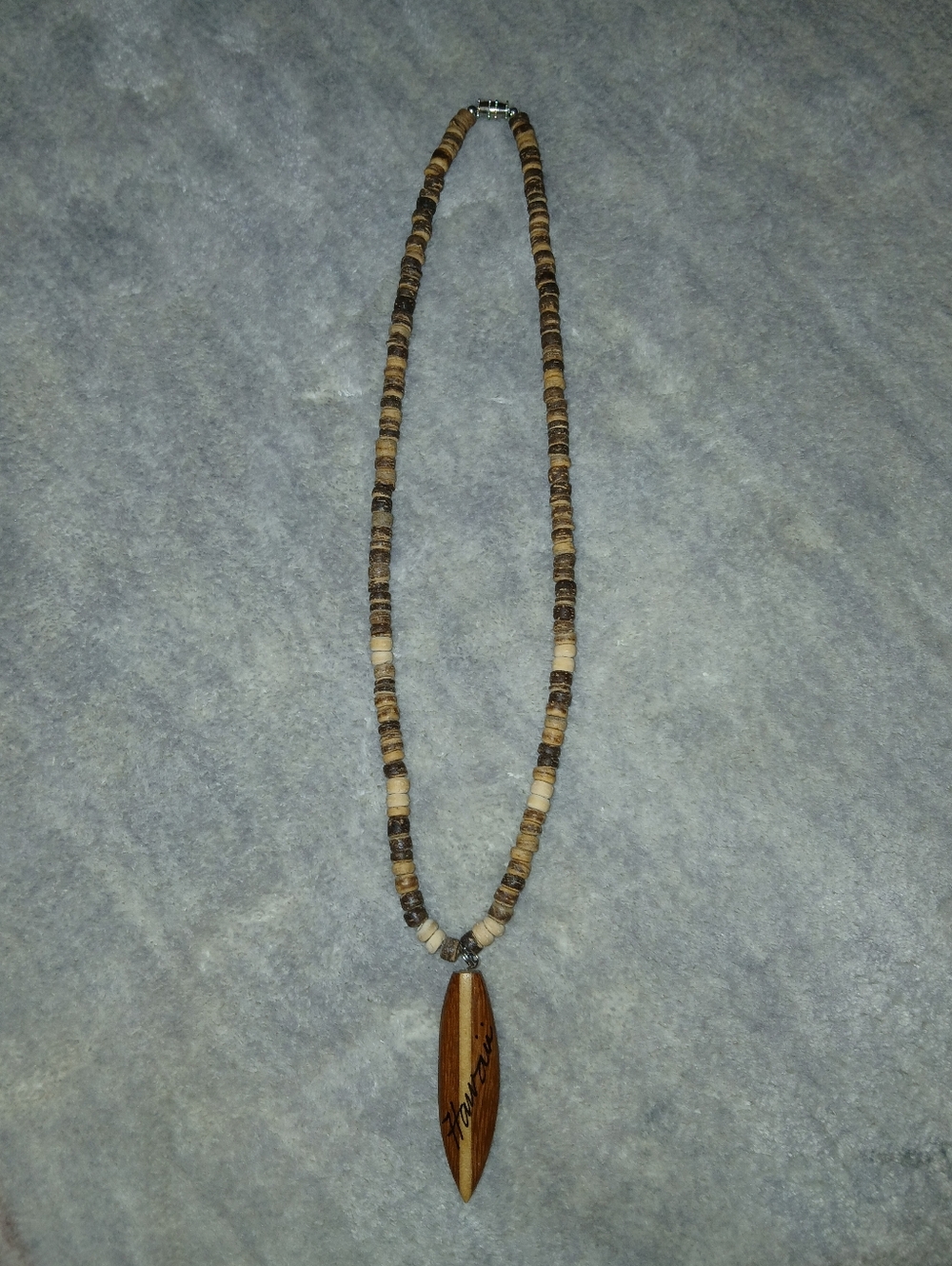 Handmade Brown Coconut Bead Necklace w/ Surfboard